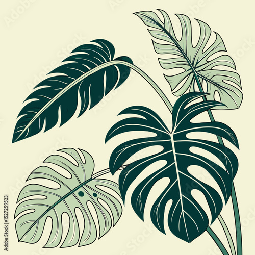 Elegant Tropical Leaves Illustration  A Stylish Botanical Design Featuring Lush Monstera and Palm Foliage in Teal and Sage Green Hues