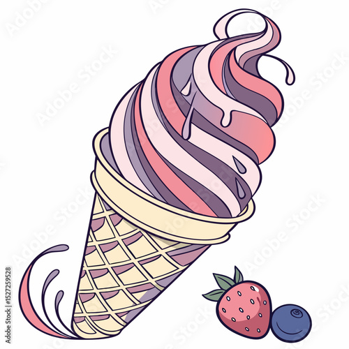 Delicious Swirled Ice Cream Cone with Strawberry and Blueberry Illustration