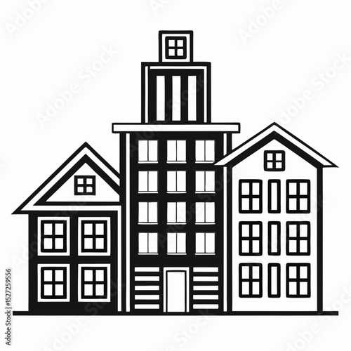 Simple black and white illustration of city buildings