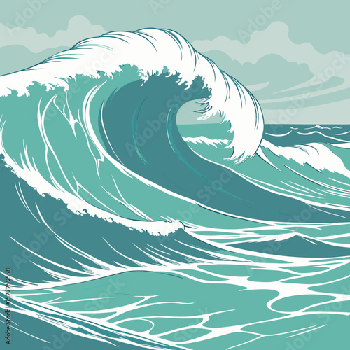 Majestic Ocean Wave Illustration Teal Green Crest, Rolling Surf, Dynamic Water Movement, Powerful Nature Scene, Artistic Sea Wave Graphic