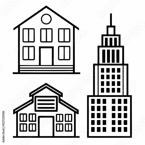 Simple line drawings of house barn and skyscraper photo