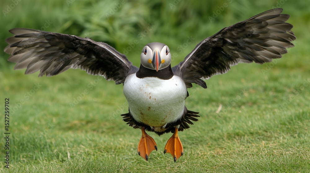 Obraz premium Atlantic puffin with outstretched wings prepares for flight over a grassy field