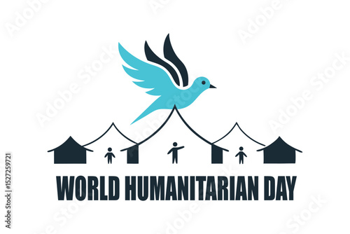 Peace Dove Over Refugee Camp Line Art Vector – World Humanitarian Day Symbolic Illustration.