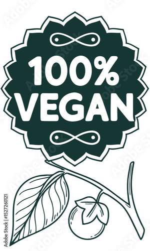 100% Vegan  Plant-Based Product Label Design,  Eco-Friendly Badge Illustration