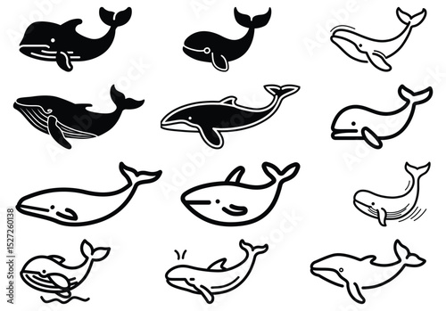 Cartoon whale silhouette set showcases marine mammal in different shapes and forms on transparent backdrop