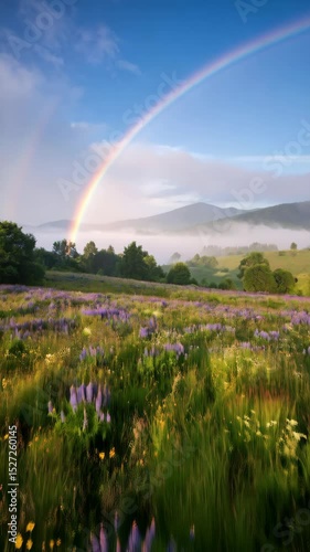 Scenic vista of rolling hills, meadow covered in purple lupines and colorful rainbow arching across blue sky after rain