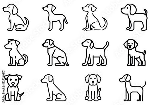 Simple outline sketches show twelve individual dog icons in various poses on a transparent background
