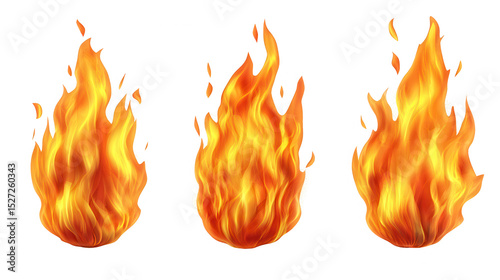Three Realistic Painted Flames on a PNG transparent background, Fiery Flames