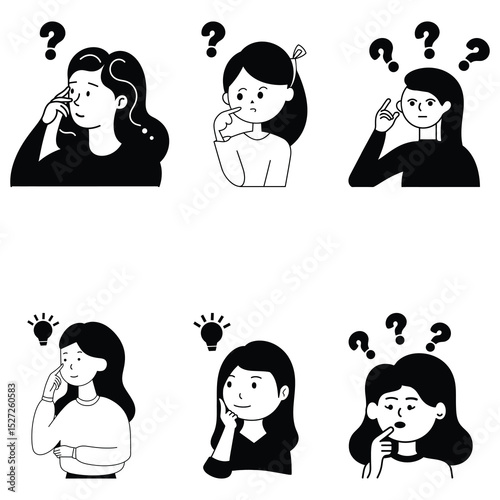 Various women ponder with question marks and light bulbs above them; background is transparent
