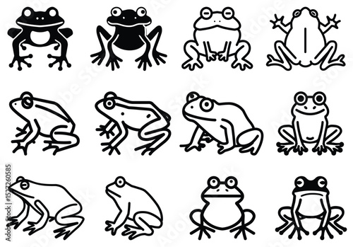 Black and white outlines show twelve frogs sitting in various stylized positions on white