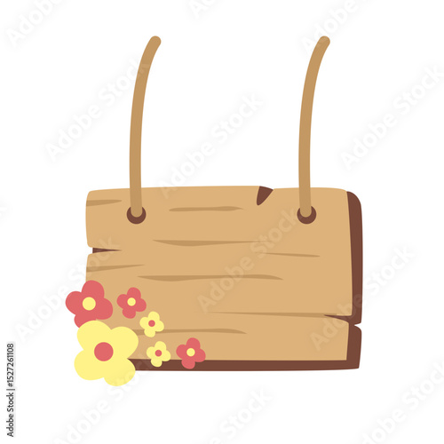 Vertical wooden signboard hanging with brown ropes, decorated with small colorful flowers—ideal for garden themes or spring invitations.

