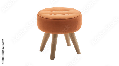 An orange stool with wooden legs isolated on a PNG transparent background