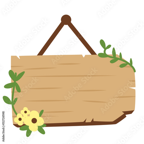 Flat illustration of wooden hanging sign decorated with green leaves and flowers. Perfect for invitations, labels, or seasonal design elements.
