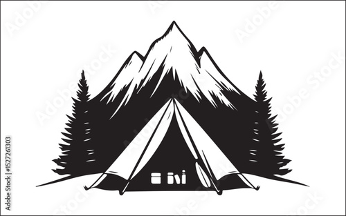 Mountain Camping Silhouette Scene Hiker, Tent, and Pine Trees Vector Art