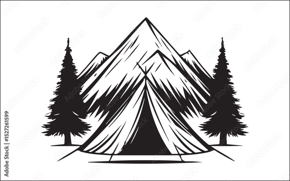 Obraz premium Mountain Camping Silhouette Scene Hiker, Tent, and Pine Trees Vector Art