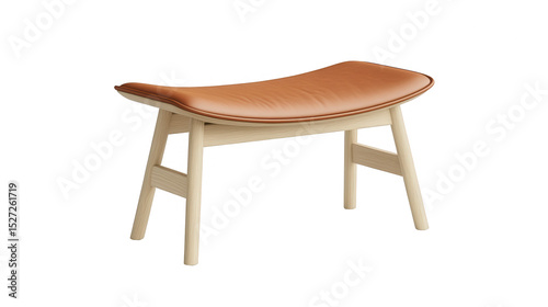 Modern leather bench with wooden legs against a PNG transparent background