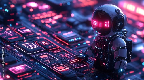 A tiny neon-lit AI soldier protecting a high-tech data vault