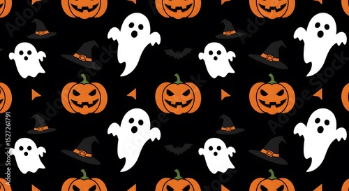 Spooky Halloween Pattern Ghosts, Pumpkins, and Witch Hats