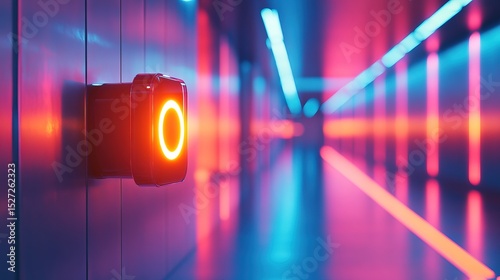 A tiny glowing motion detector scanning a high-tech corridor 