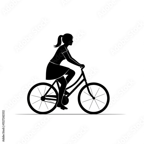 A silhouette of a woman riding a bicycle from the side, white background.