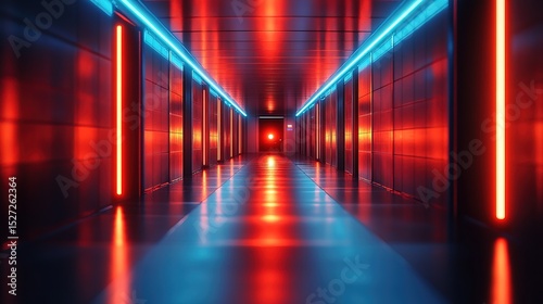 A tiny glowing motion detector scanning a high-tech corridor 