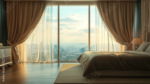 High-rise apartment bedroom with large windows, sheer curtains, and stunning city views