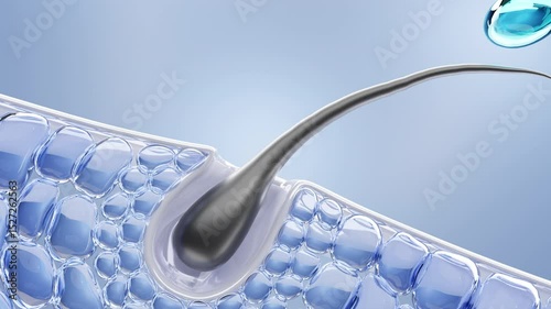 Hair care, hair growth oil drop to root, Animation Nourish hair action of shampoo or serum. Repair damaged hair. 3d rendering. Hair care, Animation Nourish hair action of shampoo or serum. 