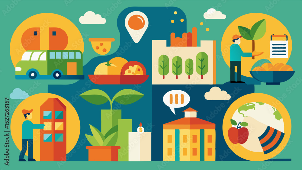 Obraz premium A collage of images representing different aspects of the global food supply chain highlighting how each stage contributes to the overall increase in prices.. Vector illustration