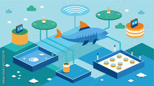 A smart water treatment system that uses realtime data from multiple sensors to optimize the use of chemicals and reduce water wastage in fish farming operations.. Vector illustration