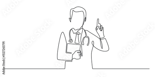 one continuous line drawing of a doctor with finger pointing up.single line vector illustration of a doctor gesturing with hand,health warning.