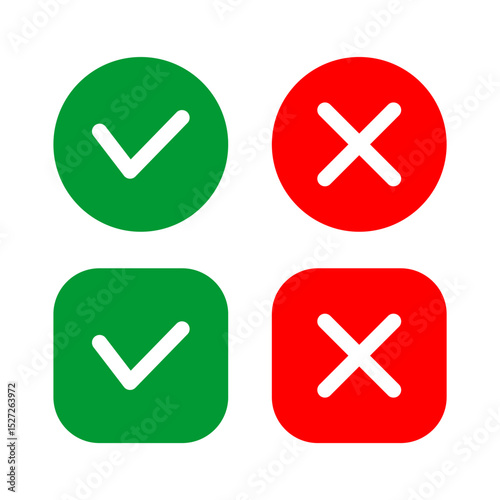 Cross and check mark icon set. Vector illustration isolated on white background. Includes simple check and cross symbols for general use.