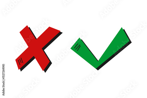 Cross and check mark icon set. Vector illustration isolated on white background. Includes simple check and cross symbols for general use.