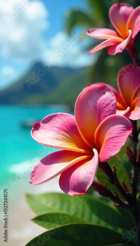 Lush frangipani blossoms in vibrant hues against a backdrop of the stunning Hawaiian Islands Sun-drenched petals, tropical paradise, island escape , beach, idyllic, white