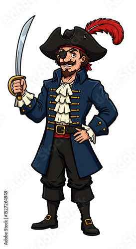  Cartoon Elegant Male Pirate Wearing Traditional Hat and Costume Holding Saber Vector Illustration