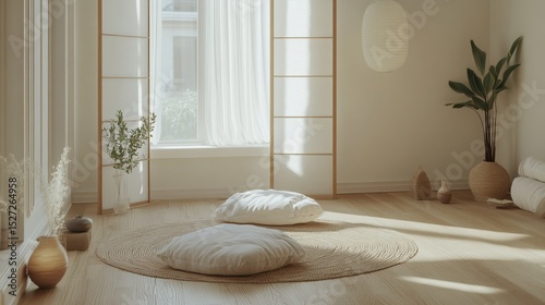 Zen-inspired living room with natural wood, floor cushions, shoji screens, and a calming aesthetic
