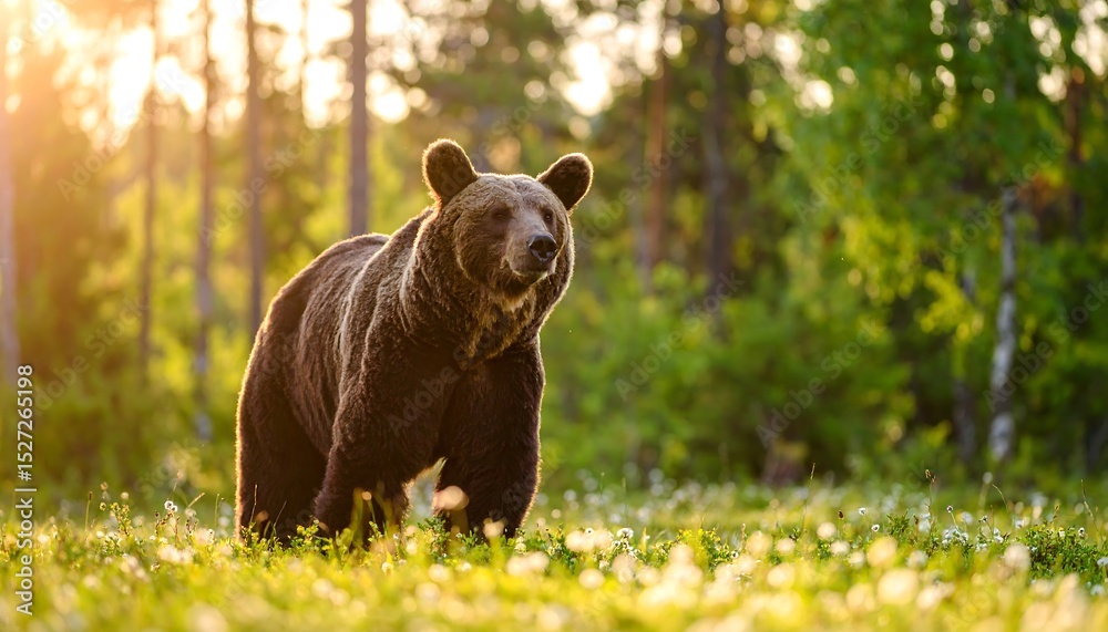Fototapeta premium Majestic Brown Bear in a Sunlit Forest Clearing