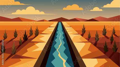 A desolate channel ting through fields of withered crops a painful reminder of a failed irrigation system.. Vector illustration