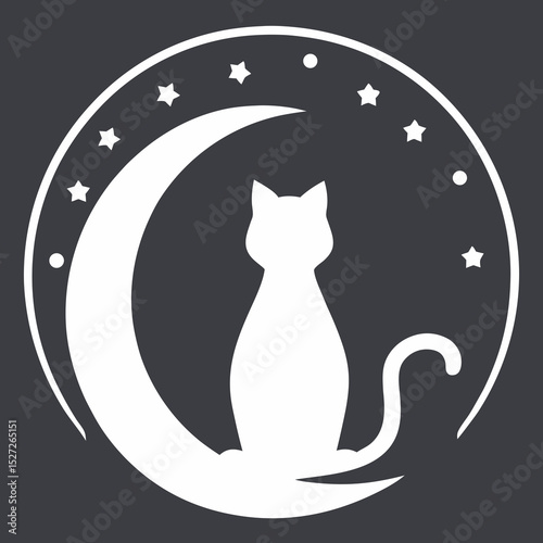 Silhouette cat sitting on crescent moon with stars