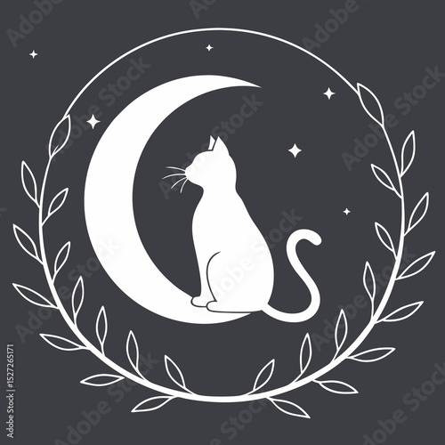 White cat sitting on crescent moon night design