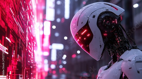 A robotic cyber sentinel scanning a futuristic crime scene