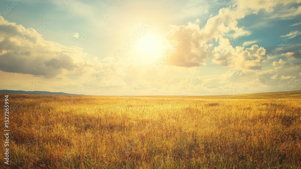 Fototapeta premium Golden wheat field at sunset, vast sky with fluffy clouds