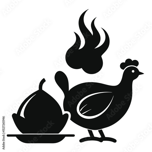 Black silhouette illustration of roasted chicken meal and steam on a white background