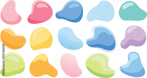 Vector Set of Fifteen Abstract Organic Shapes in Soft Pastel Colors with Glossy Gradients and Rounded Edges on a White Background in a Modern Grid Layout

