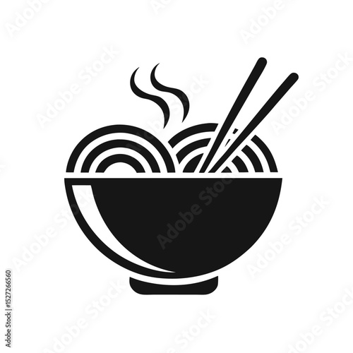 Simple black and white illustration of a steaming bowl of noodles with chopsticks