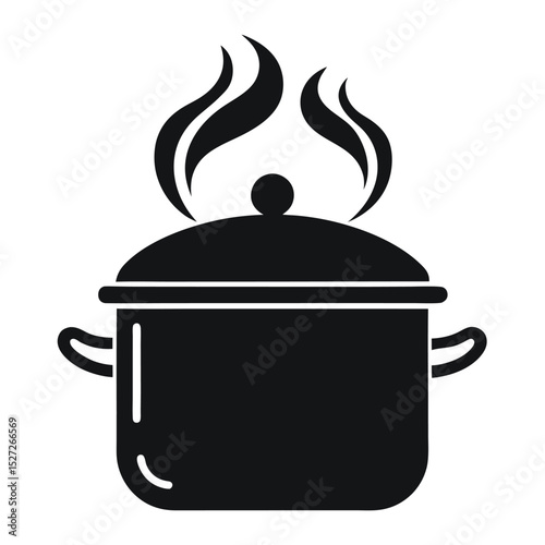 Simple black and white illustration of a steaming pot cooking delicious food on a stove