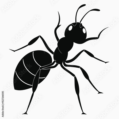 Simple black and white illustration of an ant posing on a plain white background