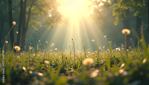 Landscape illustration, morning mist covering the forest with soft sunlight, a quiet path, stream and trees, golden sunset light shining through the bright grassland.
