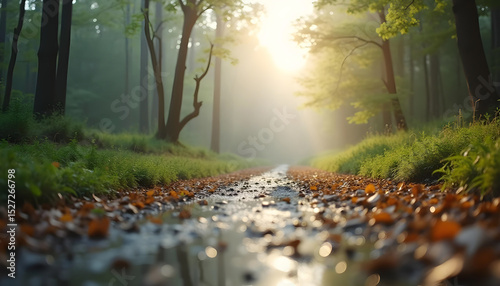 Landscape illustration, morning mist covering the forest with soft sunlight, a quiet path, stream and trees, golden sunset light shining through the bright grassland.