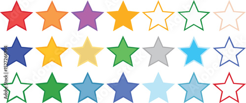 Vector vibrant star pattern featuring colorful five-pointed stars in rows with solid and outlined styles on white background, ideal for playful designs and cheerful decorations


