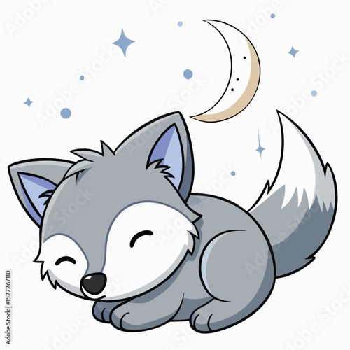 Sweet Dreams Adorable Sleeping Wolf Pup under the Moon